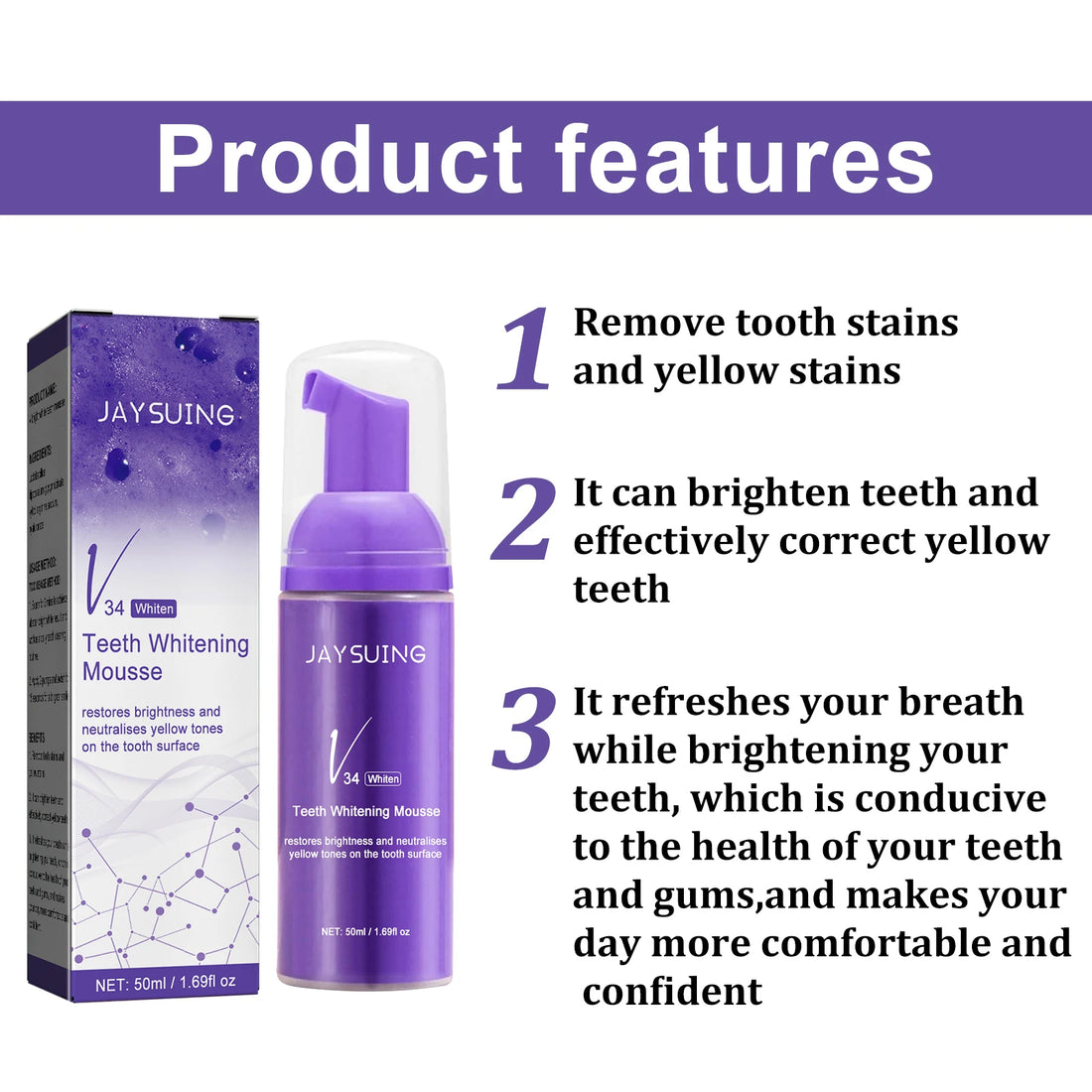 V34 Whitening Toothpaste Mousse Cleansing Yellow Teeth Stain Removing Oral Odor Fresh Breath Repair Tooth Cleaning Foam Gum Care